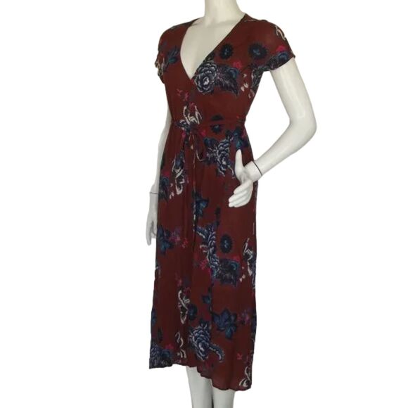 BILLABONG Wrap Dress, S, Rust/Multicolor Floral, Short sleeve, Rayon - Picture 4 of 15